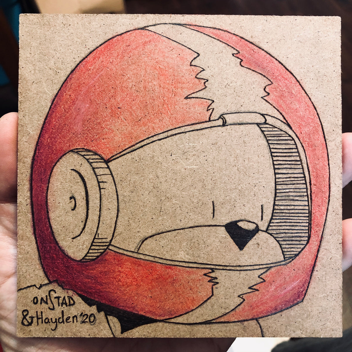 Father/Son Galaxy Beef, 2020, woodburn and pencils, 5"