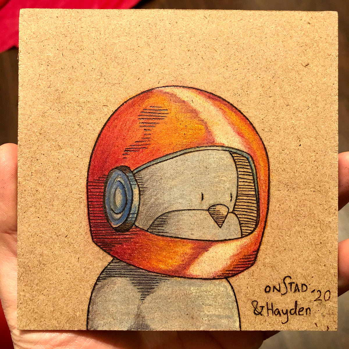 Father/Son Galaxy Beef, 2020, woodburn and pencils, 5"