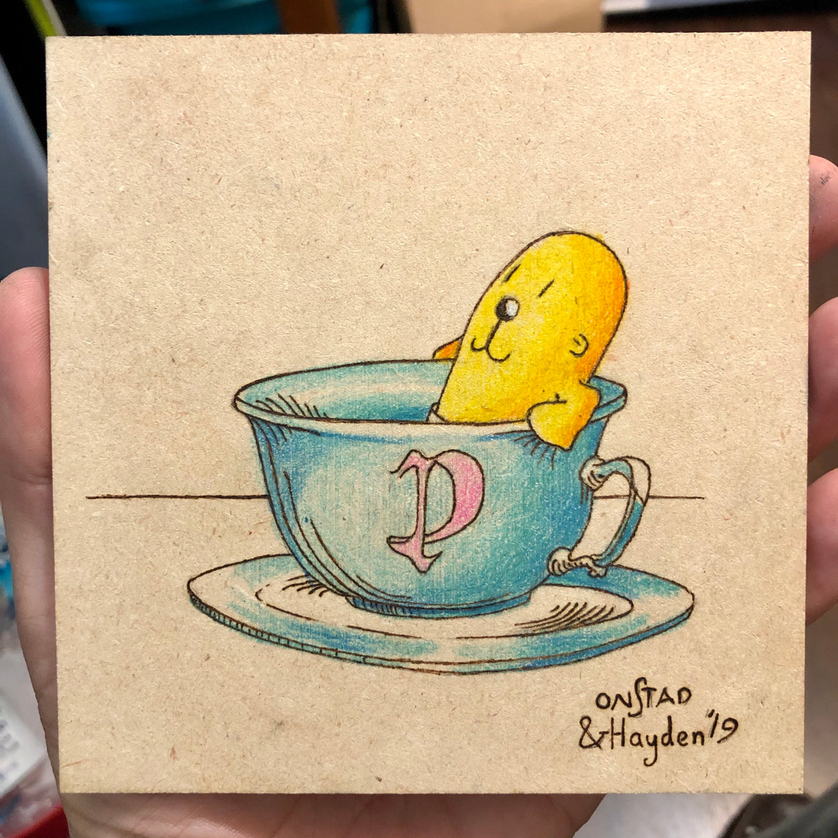 Father/Son Teacup Philippe, 2020, woodburn and pencils, 5"